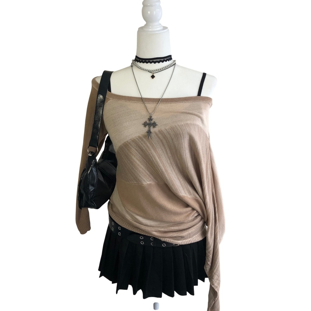 Vintage Y2K GUESS Asymmetrical Drape Knit Off Shoulder Sweater Womens M Tan
